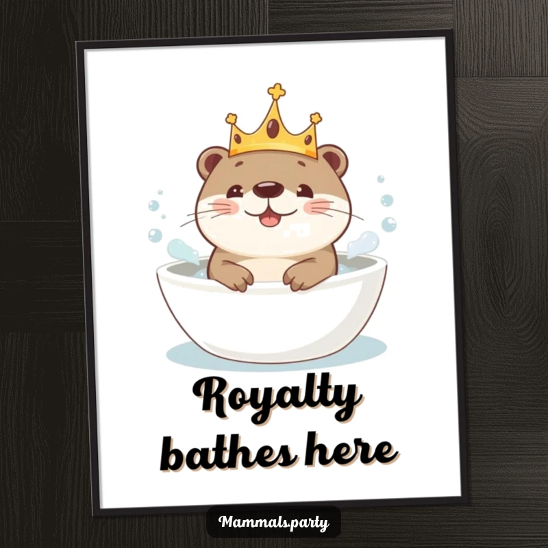 Funny Kawaii Otter in a crown, joyfully splashing in a bubbly bath, digital art print for instant spa-themed room decor.