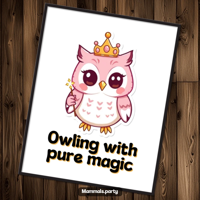 Funny digital art print of a kawaii owl wearing a tiny crown and holding a sparkling wand, ideal for whimsical wall decor.