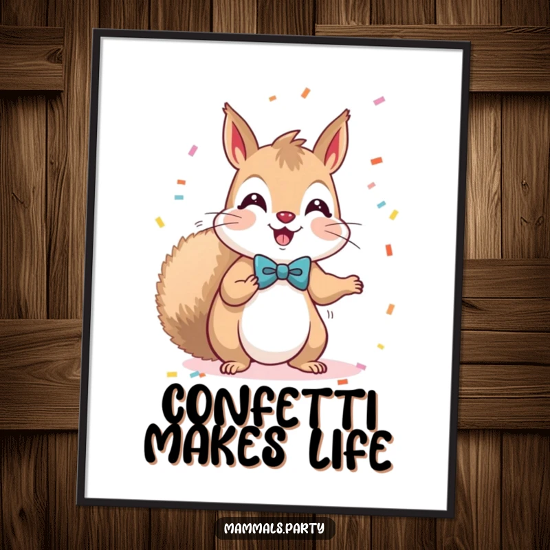 Funny Kawaii Squirrel wearing a bow tie, throwing a shower of confetti, a high-resolution digital art print for instant festive decor.