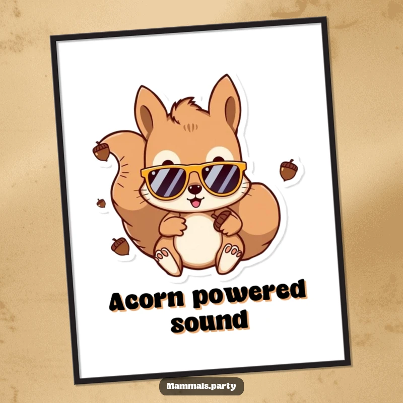 Funny Kawaii Squirrel DJ Digital Art Print showing a squirrel in sunglasses and headphones, mixing acorns. Humorous and instantly downloadable decor.