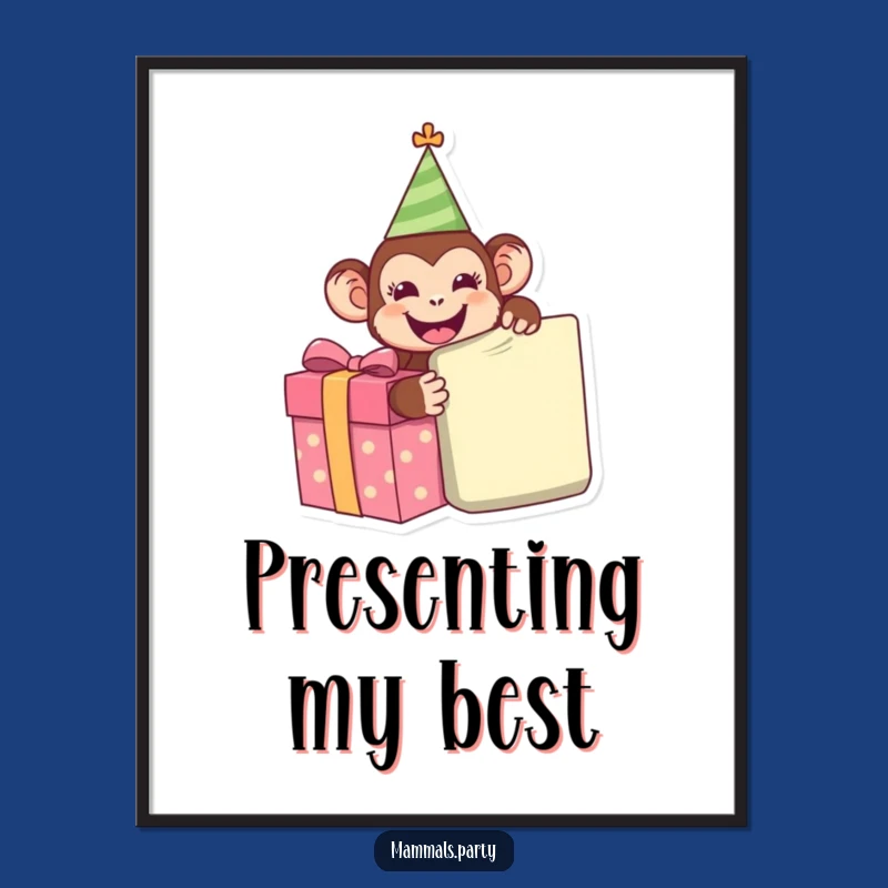 Funny Monkey Digital Art Print - Happy Unwrapping Present, Hilarious Decor