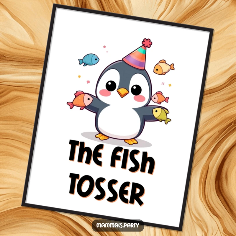 Funny penguin character in a party hat juggling colorful fish, as a digital art print for instant decor.