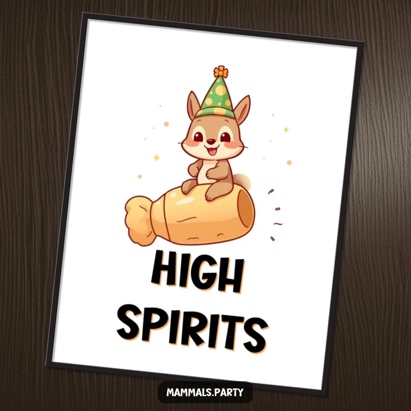 Funny gleeful squirrel digital art print, wearing a festive hat and riding a champagne cork, ready to download and spread cheer.