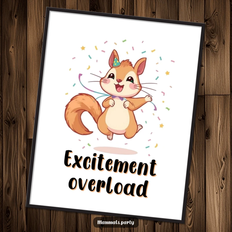 Funny Squirrel Digital Art Print: A jumping squirrel decorated with streamers scatters confetti, offering instant festive wall decor.
