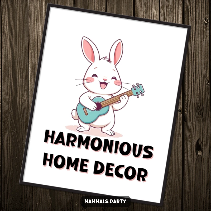 Funny rabbit with a grin, strumming a tiny guitar, as a digital art file for instant, humorous decoration.