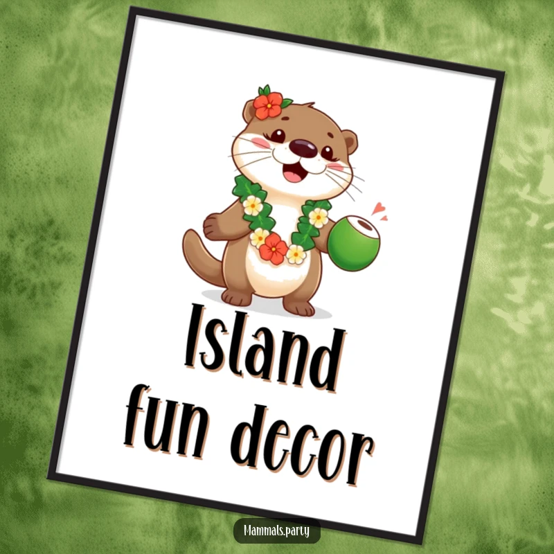 Funny otter wearing a lei, juggling coconuts, as a digital art file for instant, humorous tropical decoration.