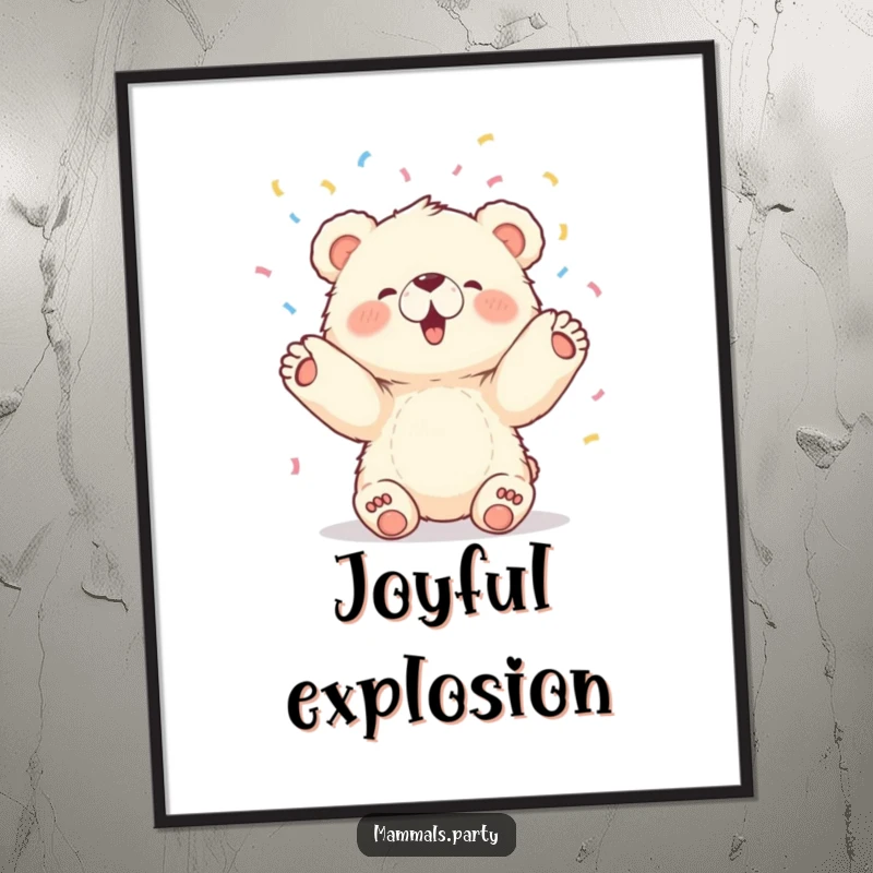 Funny digital art print of a fluffy bear cub joyfully tossing colorful confetti upwards with its paws, perfect for decor.