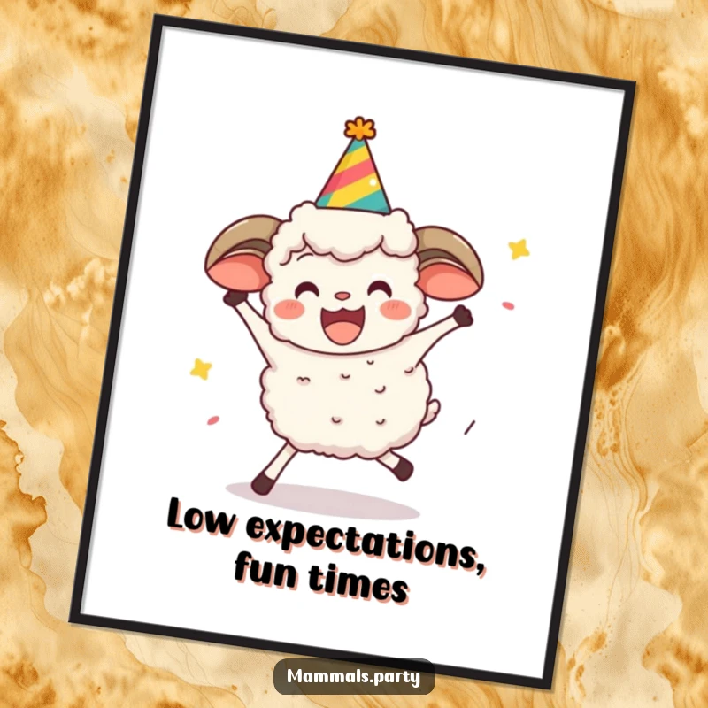 Funny, excited sheep wearing a party hat, attempting to limbo, as a vibrant digital art print.