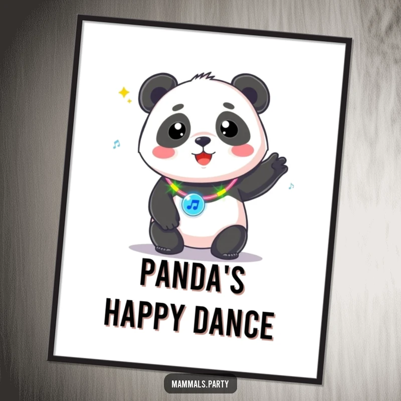 Funny Kawaii Panda with a flashing necklace, bopping to music, digital art print for instant party-themed room decor.