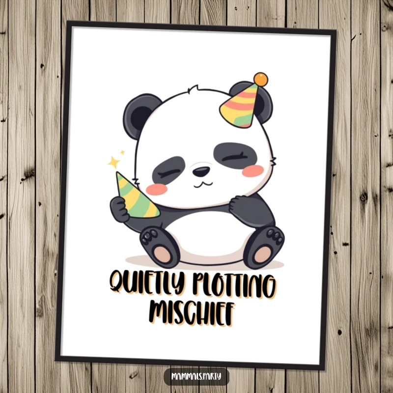 Funny Panda Digital Art Print: A sleepy panda with a mischievous glint holds a tiny party horn, offering instant wall decor.