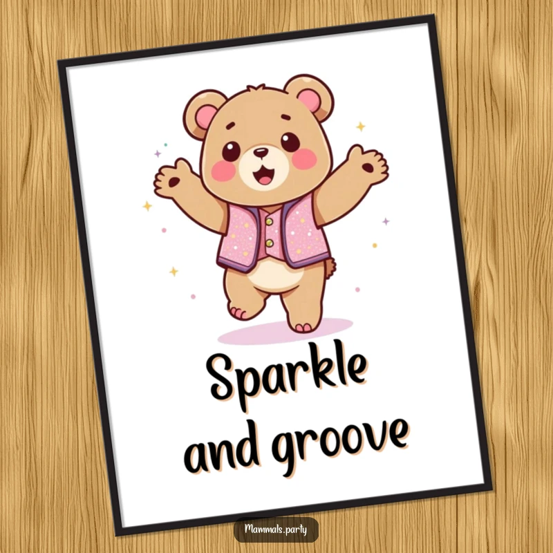 Funny kawaii bear in a sparkly vest dancing with abandon, as a vibrant digital art print for humorous decor.