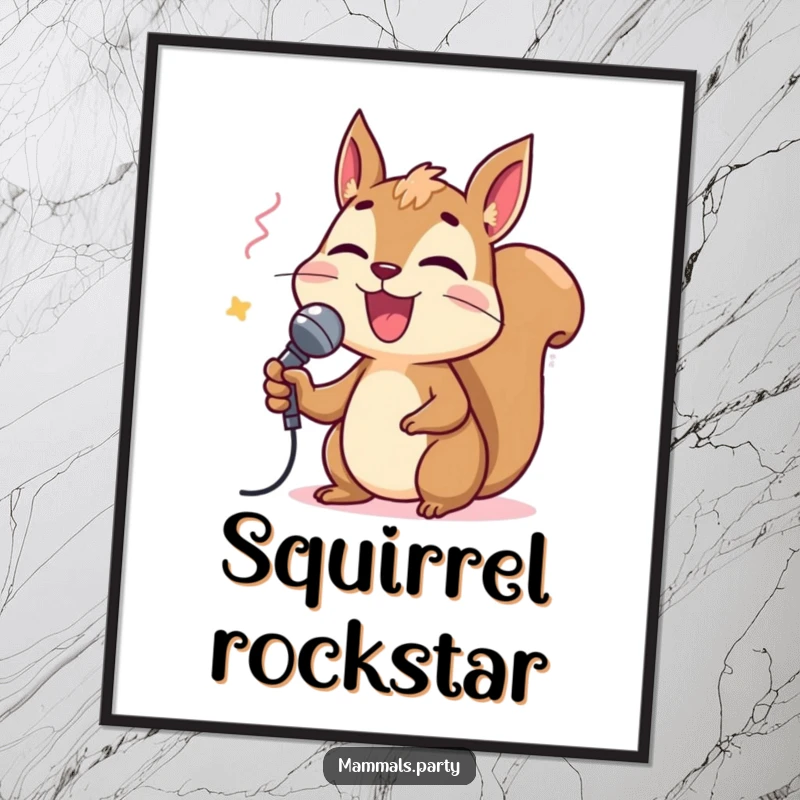 Funny squirrel character holding a tiny microphone and singing karaoke, presented as a digital art print for vibrant, music-themed decor.