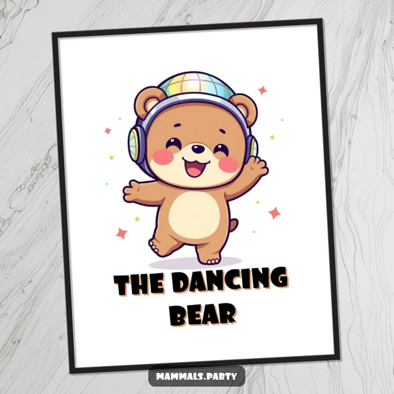 Happy bear character wearing a disco ball helmet dancing energetically, as a digital art print for instant decor.