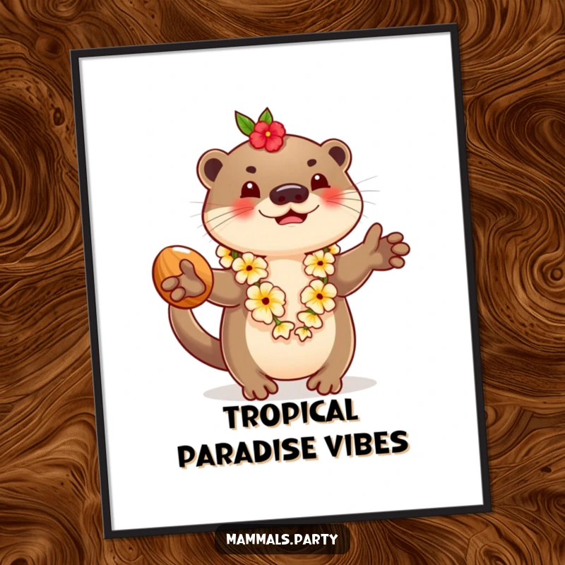 Funny digital art print of a playful otter wearing a lei and juggling coconuts, capturing immediate tropical joy and lighthearted fun.