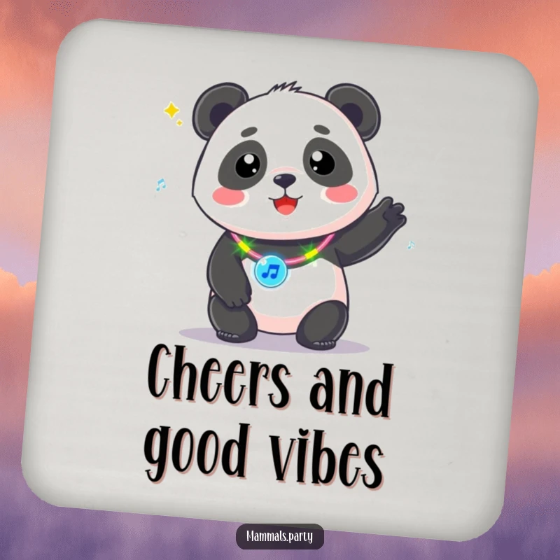 Funny Kawaii Panda wearing a flashing necklace, bopping to music, coasters that add a musical and fun touch to any table.