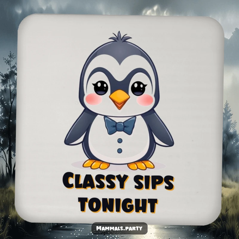 Funny penguin coaster showing an energetic character wearing a tiny tuxedo, protecting surfaces with dapper, humorous style.