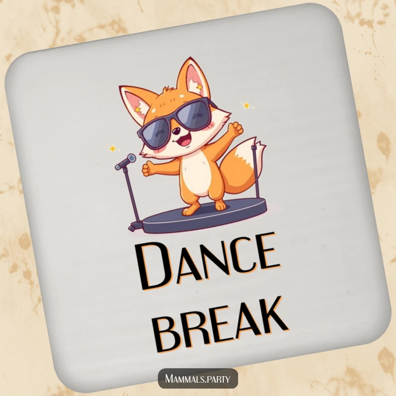 Funny fox character in sunglasses dancing wildly on a small stage on a drink coaster, perfect for adding a touch of humor.