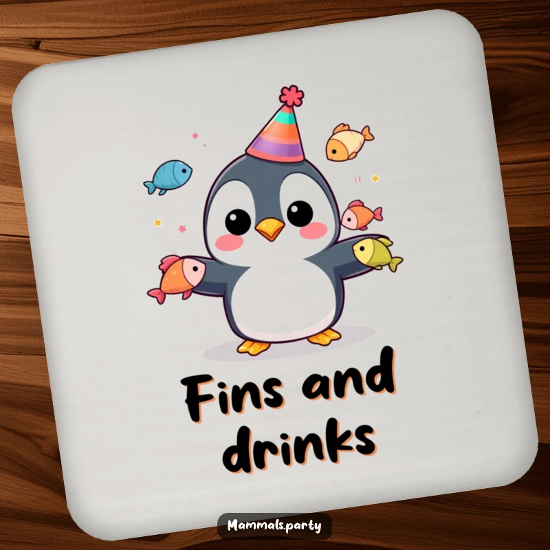 Funny penguin juggling colorful fish on drink coasters for a festive, humorous touch.