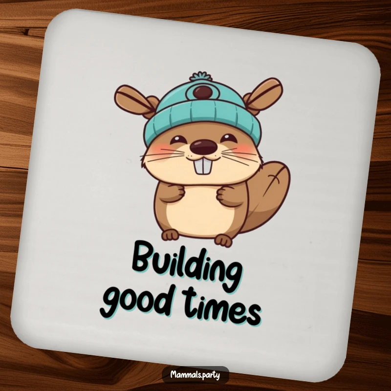 Funny beaver coaster showing a joyous character wearing a propeller beanie, protecting surfaces with cheerful humor.