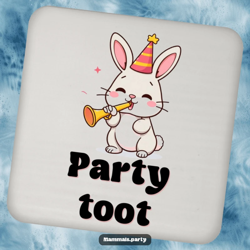 Funny bunny character in a party hat blowing a tiny trumpet on a drink coaster, adding humor to beverage service.