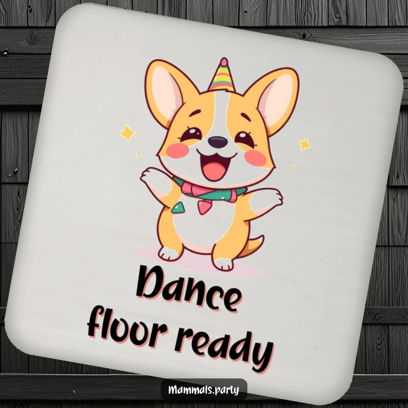 Funny giggling corgi coasters, wearing a party collar and dancing, protecting surfaces with humor and flair.