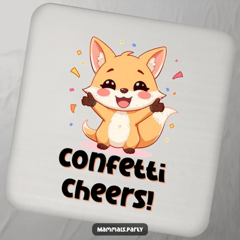 Funny Fox Coaster: A smiling fox juggles vibrant confetti, bringing festive fun and surface protection to your home decor.