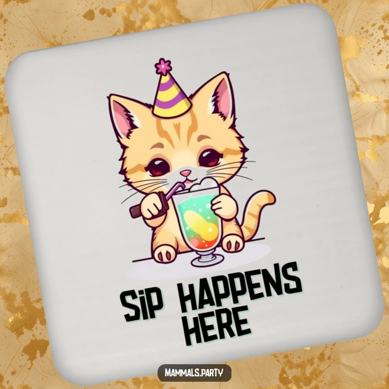 Funny kawaii cat wearing a party hat mixing a colorful drink on a drink coaster, protecting surfaces with humor.