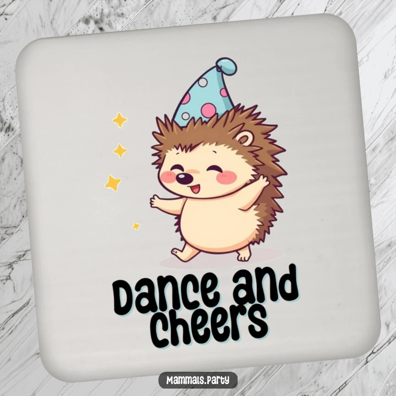 Funny Kawaii Hedgehog wearing a silly hat, attempting a clumsy dance, coasters that add a touch of dance-themed humor.