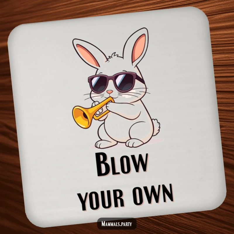 Funny kawaii rabbit wearing sunglasses playing a tiny trumpet with gusto on a drink coaster, protecting surfaces with musical humor.