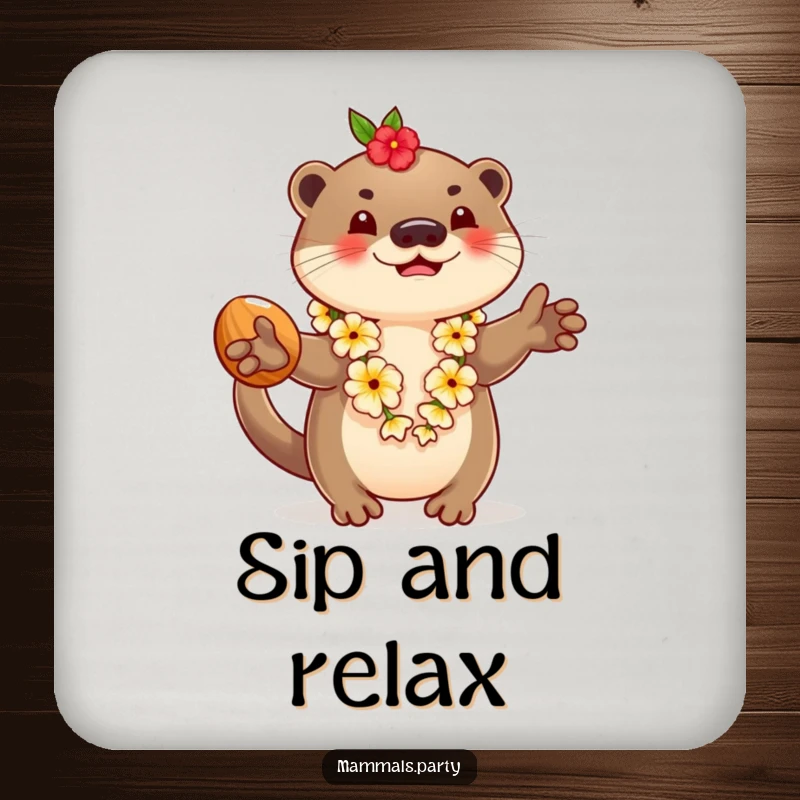 Funny coasters with a playful otter wearing a lei and juggling coconuts, adding a tropical and humorous touch to drink surfaces.