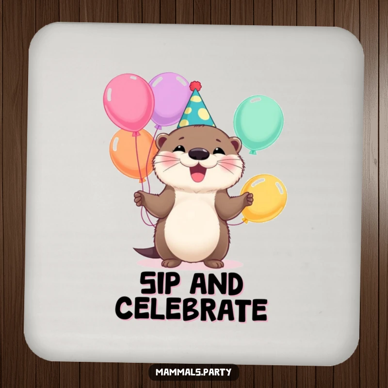 Funny Otter Drink Coaster: A fluffy otter party animal juggles balloons, adding a touch of fun to protect your surfaces.