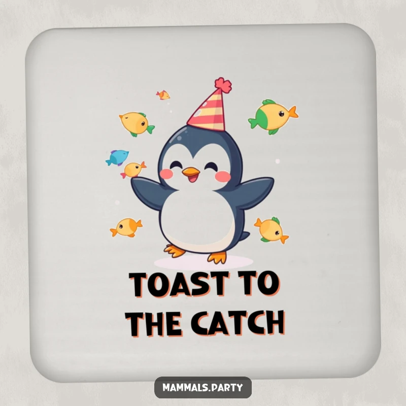 Funny coasters featuring a cheerful penguin juggling fish with a party hat, protecting surfaces with humor and charm.