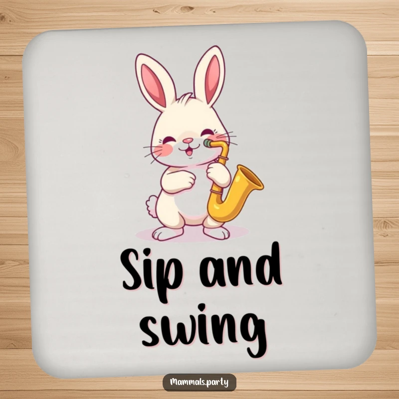 Funny coaster featuring a cheerful rabbit character playing a tiny saxophone, ready to add some rhythm.