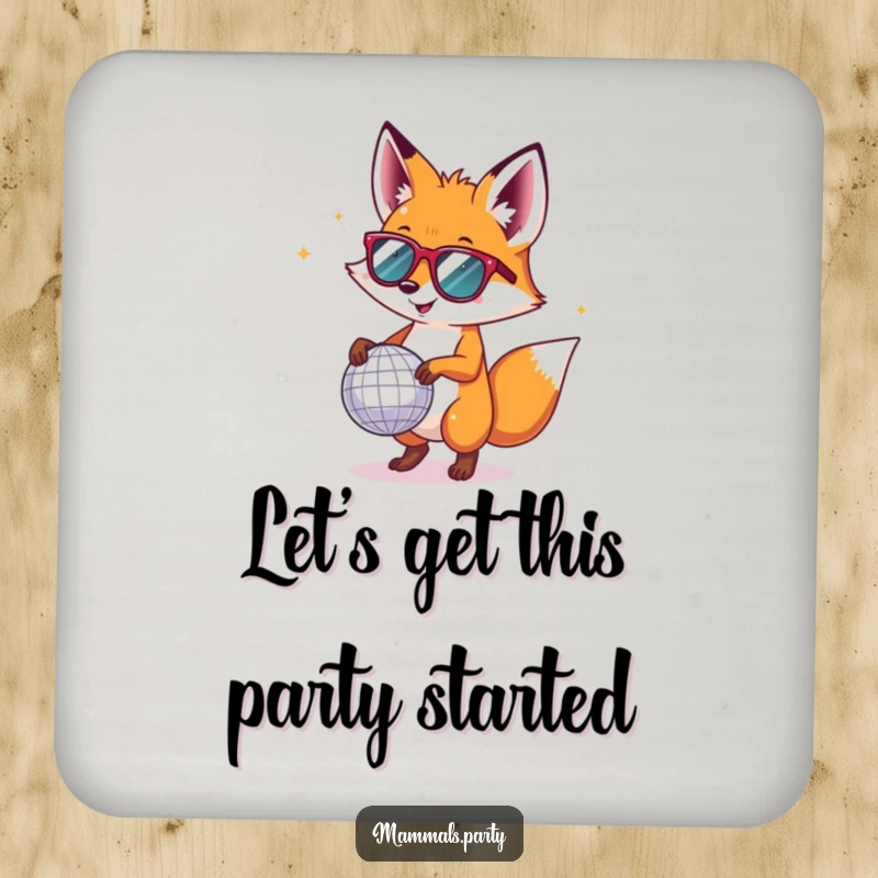 Funny fox wearing sunglasses, dancing with a disco ball, on a coaster for stylish, humorous surface protection.