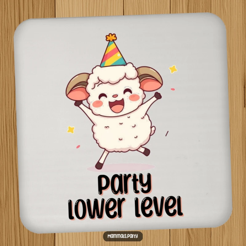 Funny sheep character in a party hat limbo dancing, protecting surfaces with this humorous drink coaster.