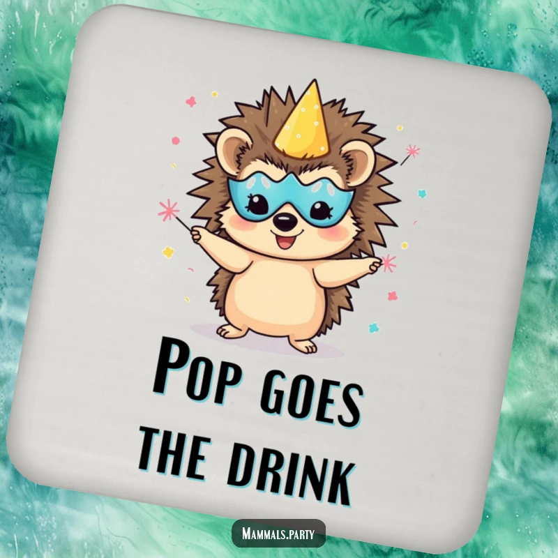 Funny delighted hedgehog coasters, wearing a party mask and juggling confetti poppers, protecting surfaces with festive humor.