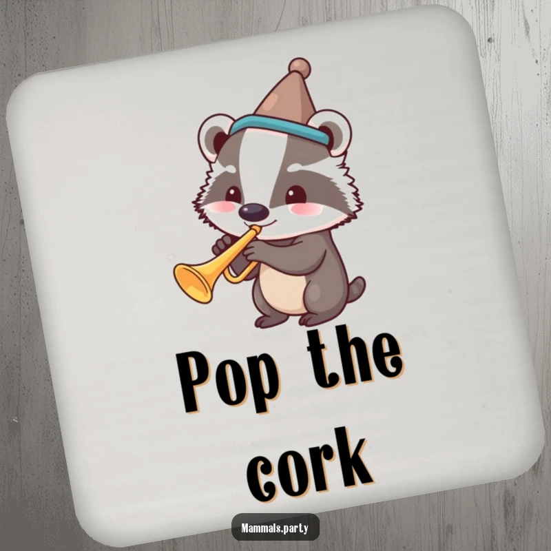 Funny drink coaster of a smiling badger wearing a silly hat, playing a trumpet with exuberance.