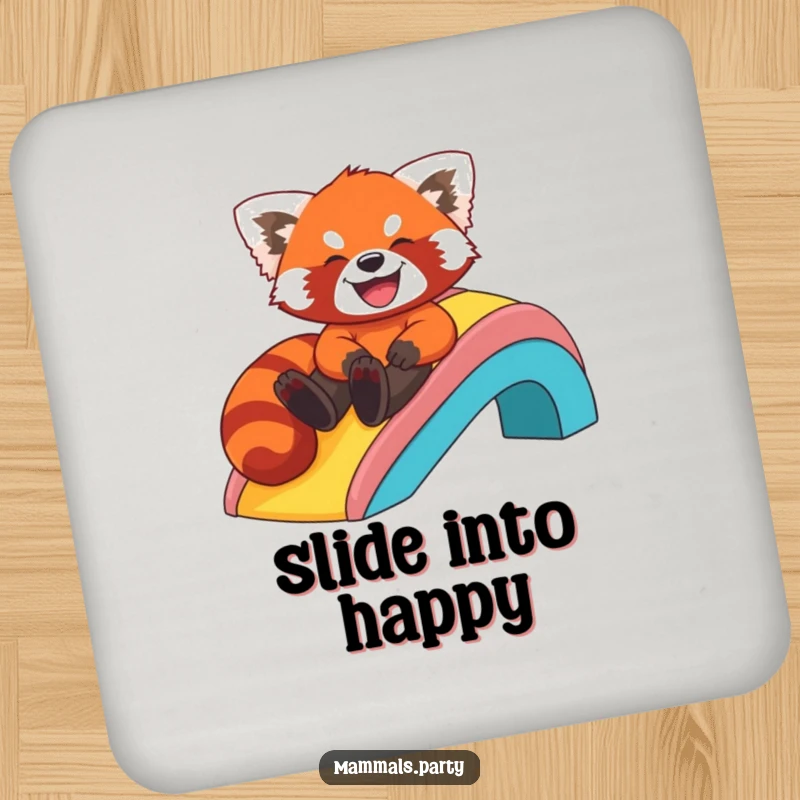 Funny drink coaster featuring a red panda sliding down a rainbow, protecting surfaces with a splash of humor.