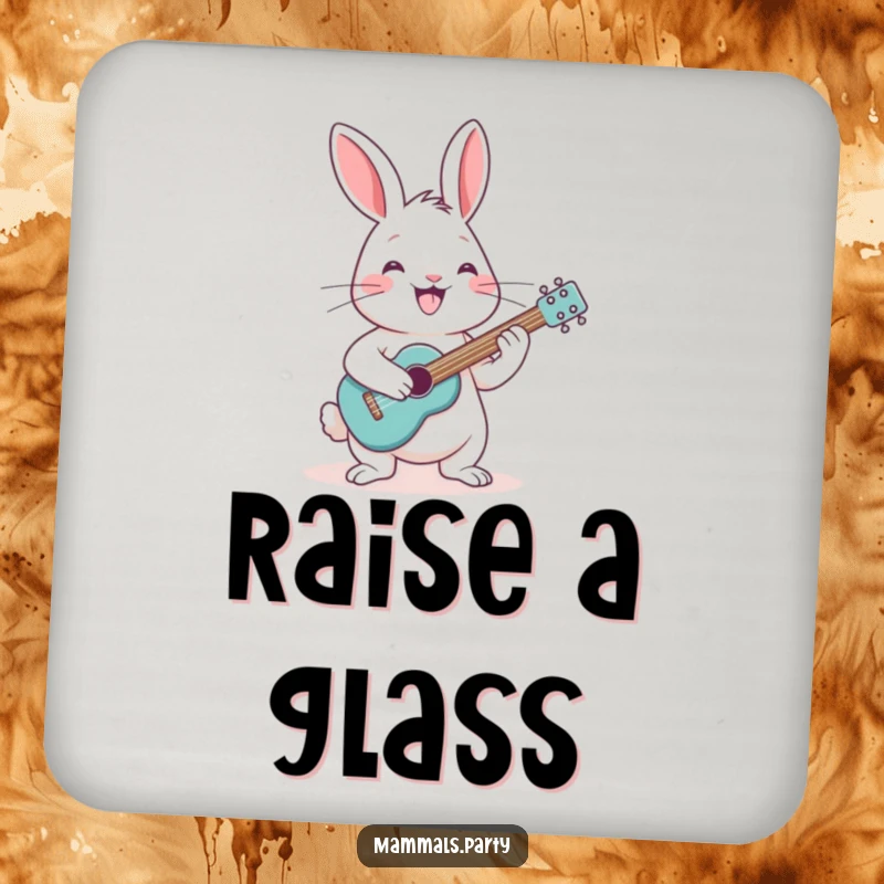 Funny rabbit with a grin, strumming a tiny guitar, on a coaster for stylish, humorous surface protection.