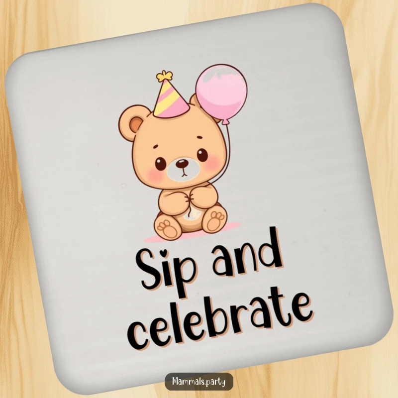 Funny bear cub wearing a party hat, holding a balloon, printed on a coaster to protect surfaces humorously.