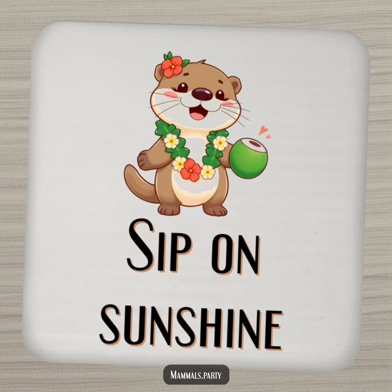 Funny otter wearing a lei, juggling coconuts, on a coaster for stylish, humorous surface protection.