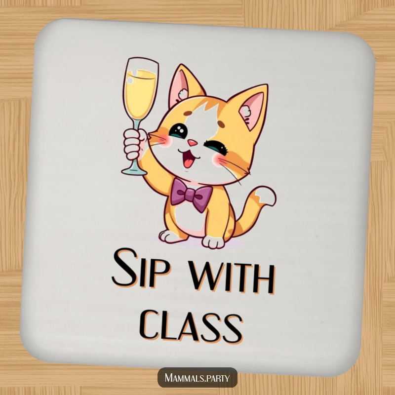 Funny Cat Drink Coaster featuring a curious cat in a bow tie, excitedly raising a champagne glass, protecting surfaces with class.
