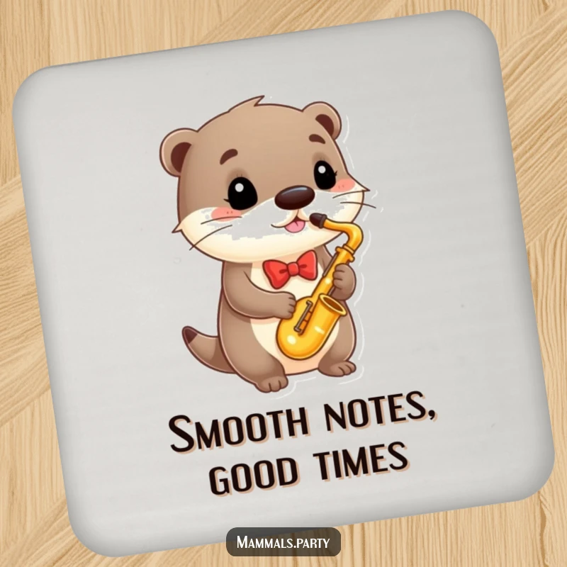 Funny Coaster featuring a debonair otter in a bowtie playing a small saxophone, protecting surfaces with musical charm and humor.