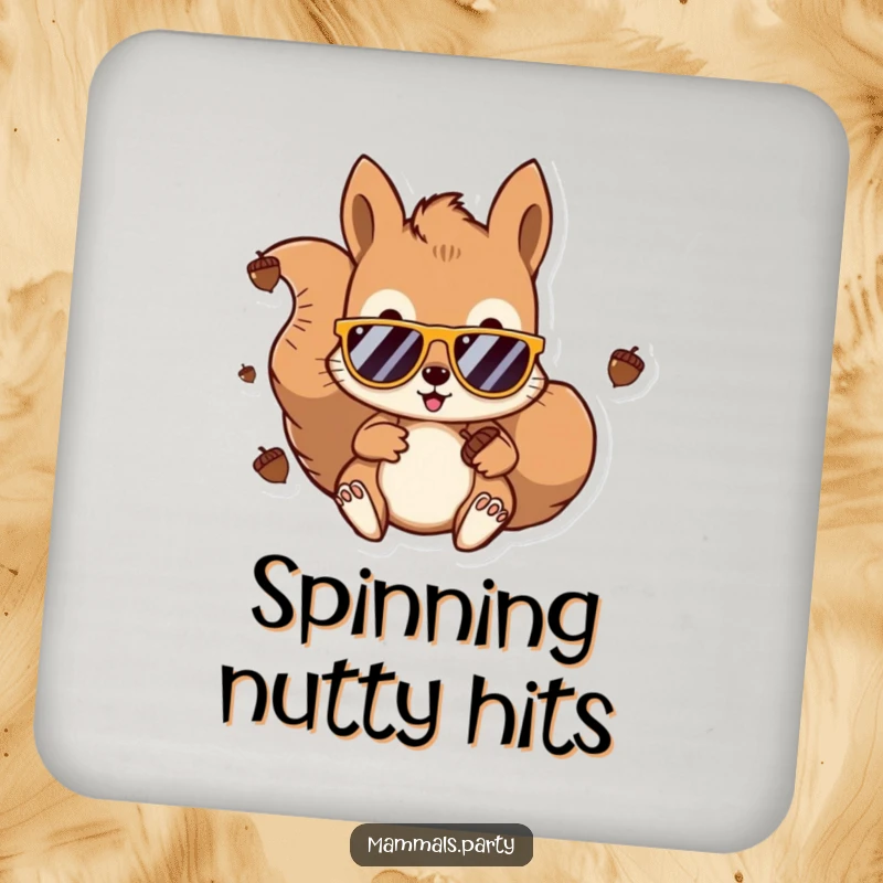 Funny Kawaii Squirrel DJ Drink Coaster featuring a squirrel wearing sunglasses, spinning acorns. A humorous and protective accessory for parties.