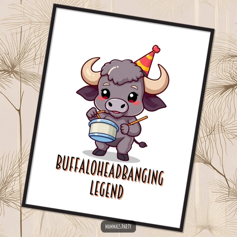 Funny buffalo character in a party hat giving an epic drum solo performance on air, in a humorous poster.
