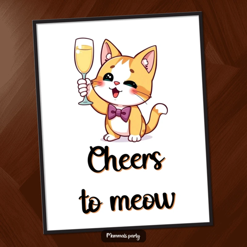 Funny Cat Poster depicting a curious cat wearing a bow tie, excitedly raising a champagne glass, embodying sophisticated celebration and humor.