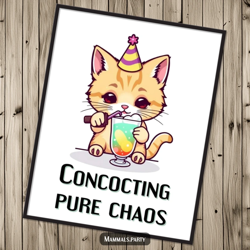 Funny kawaii cat in party hat mixing a colorful drink, displayed as a vibrant poster, ideal for humorous wall art.