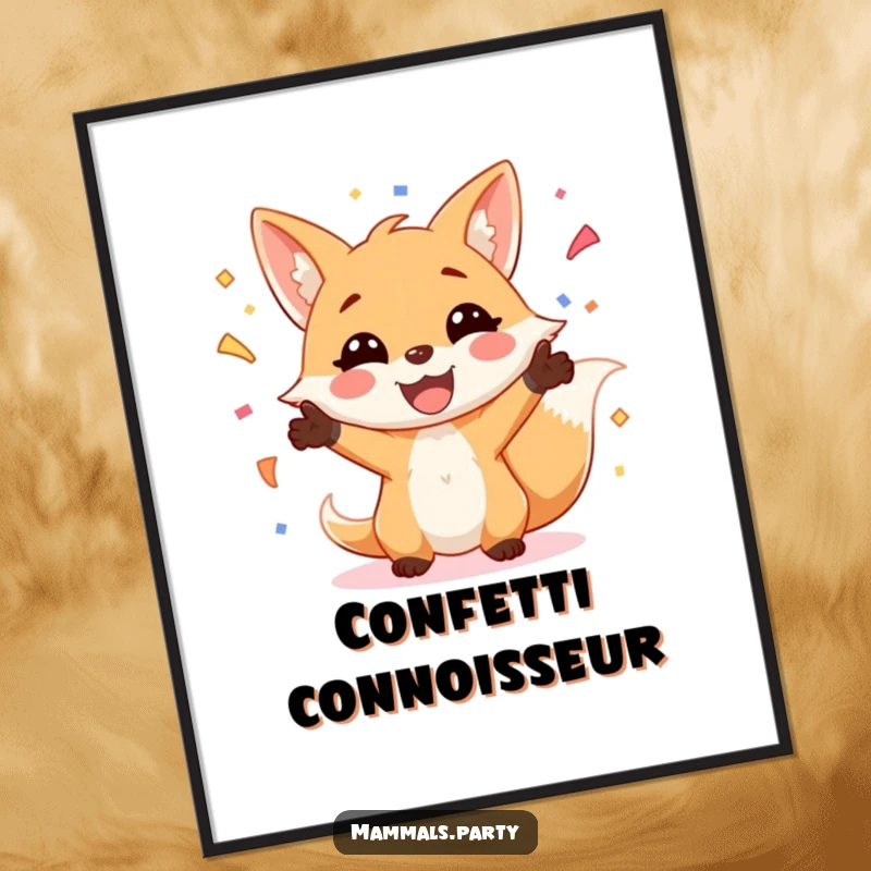 Funny Fox Poster: A smiling fox is depicted juggling a colorful explosion of confetti, creating a lively and visually festive scene.