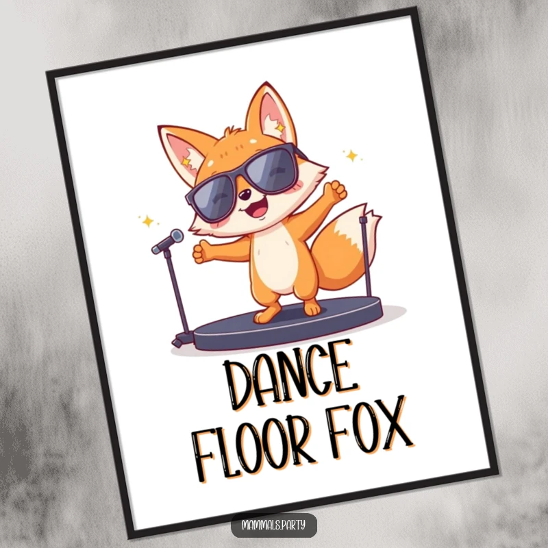 Funny fox character wearing sunglasses, dancing wildly on a miniature stage, presented as a vibrant poster, ideal for adding humor.