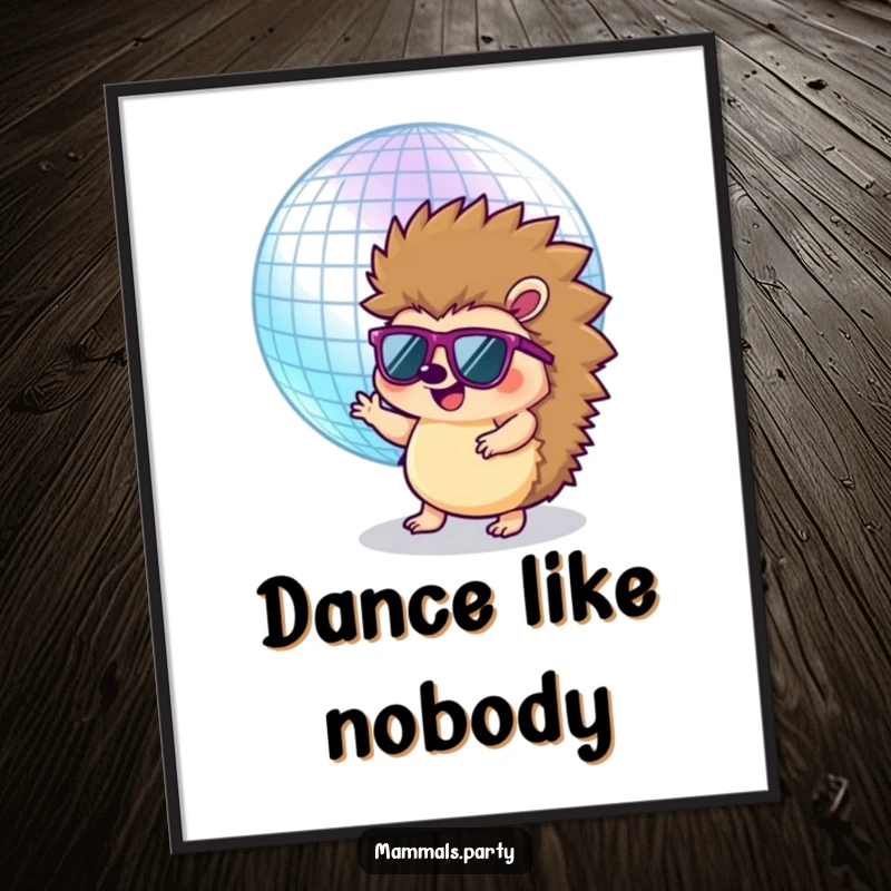 Funny Hedgehog Poster: A happy hedgehog in sunglasses attempts to dance with a large disco ball, creating a vibrant retro scene.